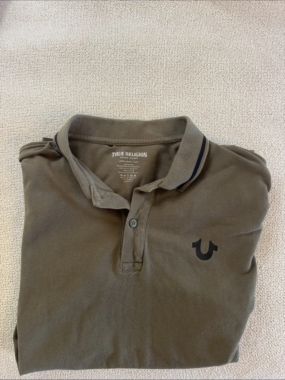 True Religion distressed Olive Green Polo with Contrast Trim